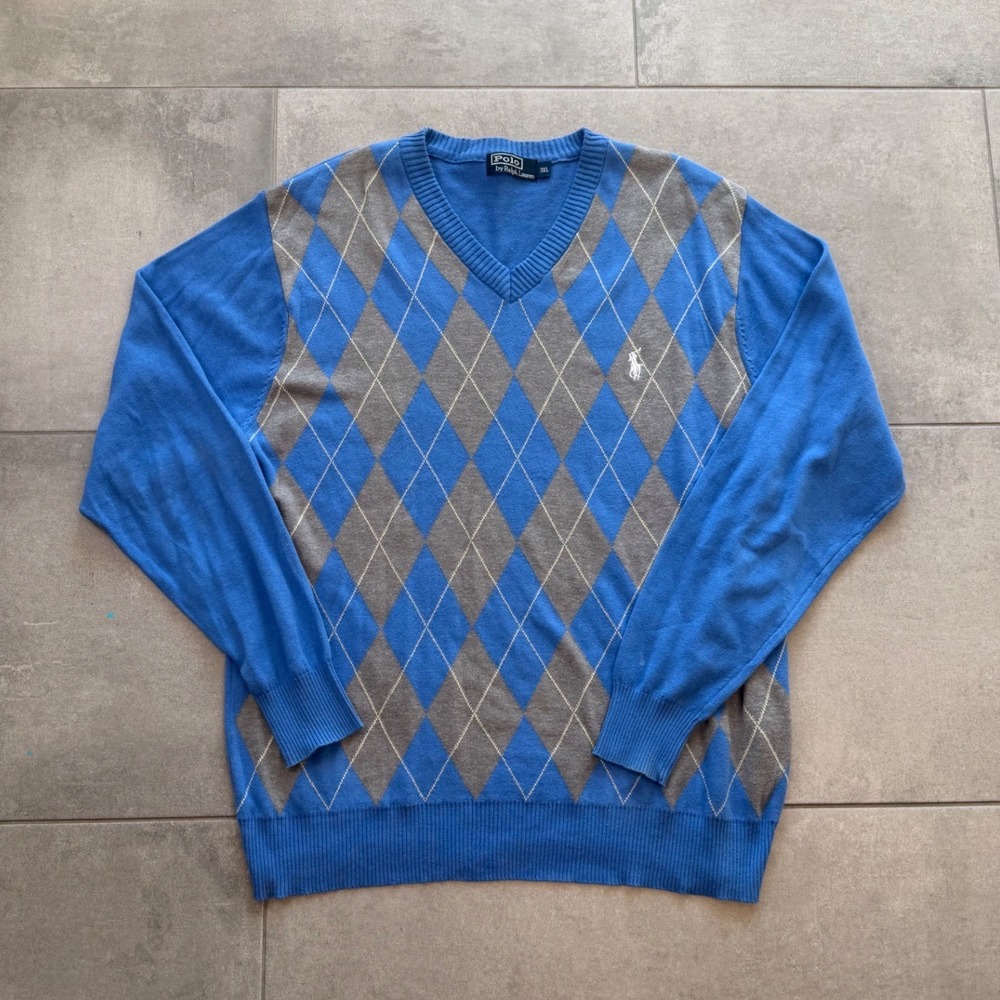 Polo Ralph Lauren Argyle V-Neck Sweater Mens (MEASURES XL) Blue Grey Cotton Knit